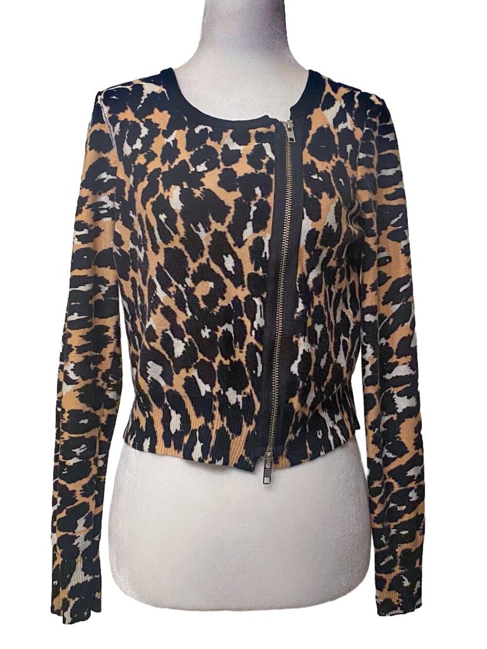 TRACY REESE Leopard Print Cropped Moto Zip Cardigan S